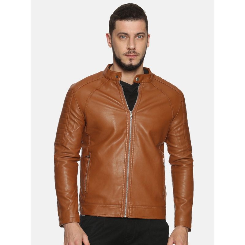 SHOWOFF Brown Casual Slim Solid Leather Jacket (S)