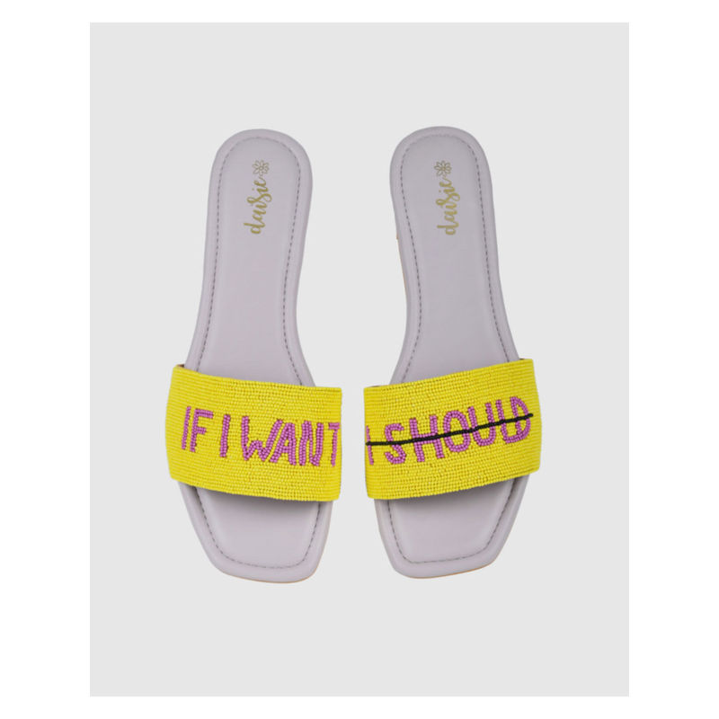 Daisie Beaded Embroidered Yellow Evening Flats (Euro 36)