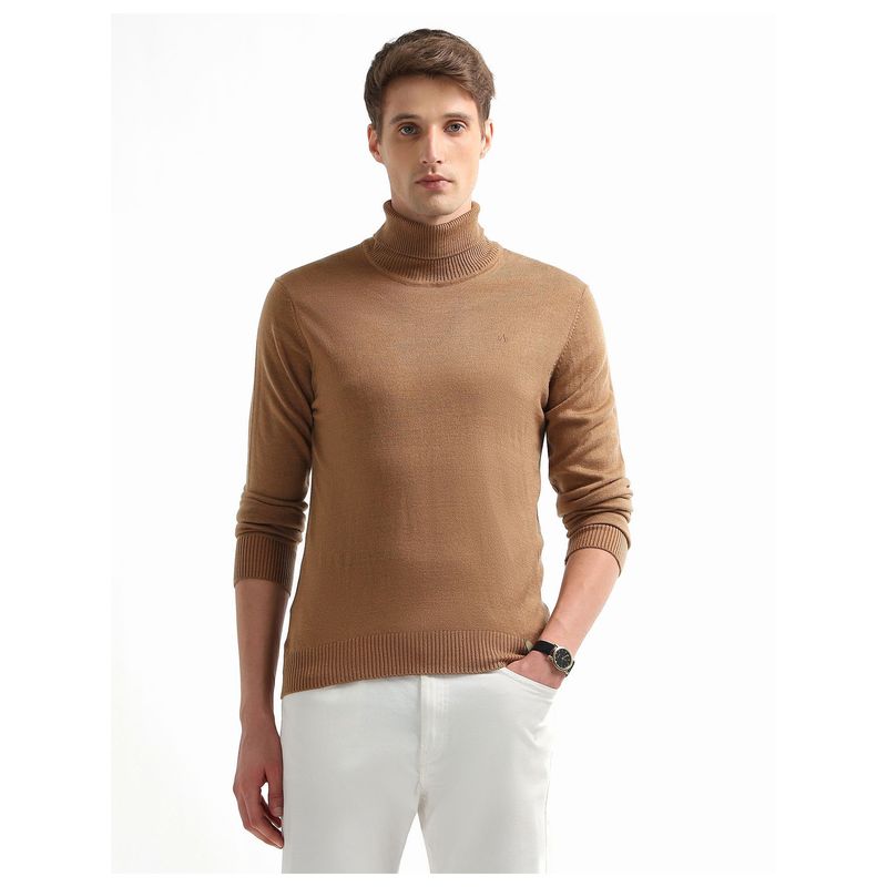 Arrow Sports Men's Brown Turtleneck Patterned Knit Sweater (S)