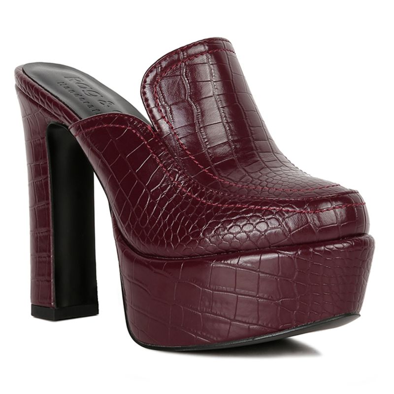Rag & Co Burgundy Croc Pattern Block Heeled Mules (EURO 41)