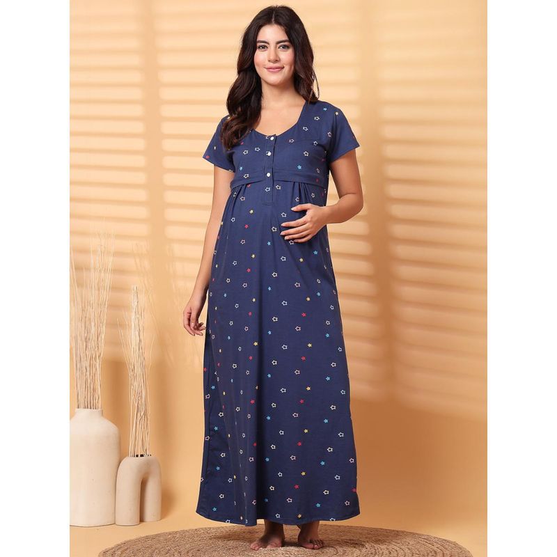 Secret Wish Navy Blue Floral Hosiery Maternity Nighty Navy Blue (2XL)