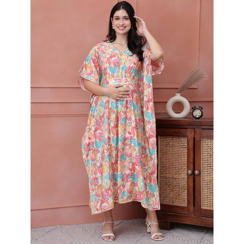 Secret Wish Multi Floral Chanderi Silk Maternity Kaftan Dress Calf Length Multi-Color (L)