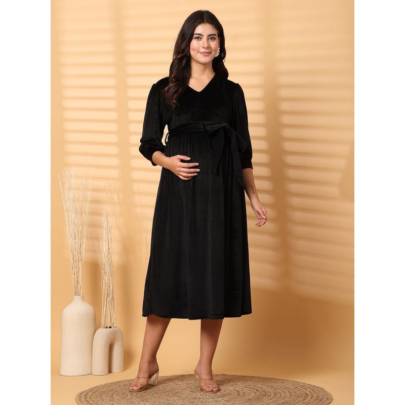 Secret Wish Black Solid Velour Maternity Dress Calf Length Black (M)