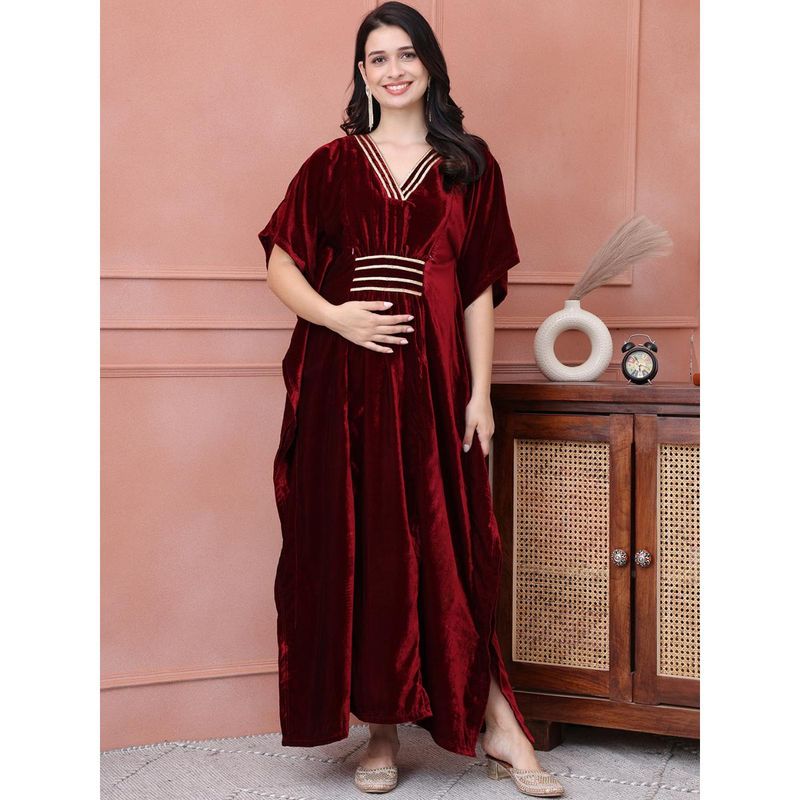 Secret Wish Maroon Solid Velvet Maternity Kaftan Dress Full Length Maroon (M)