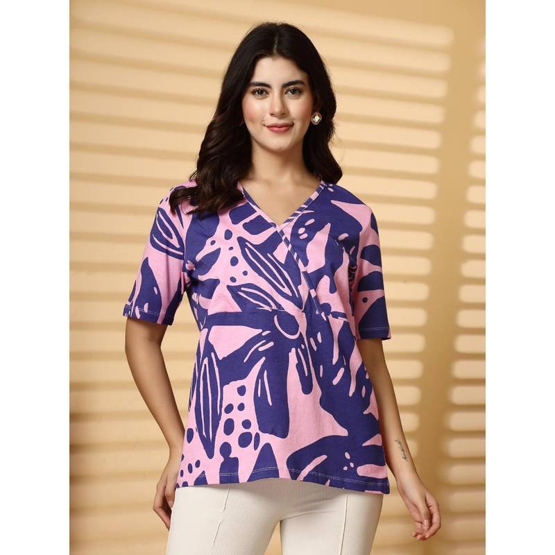 Zelena Women Half Sleeves 100% Cotton Printed Maternity Zipless Feeding Top Purple (2XL)