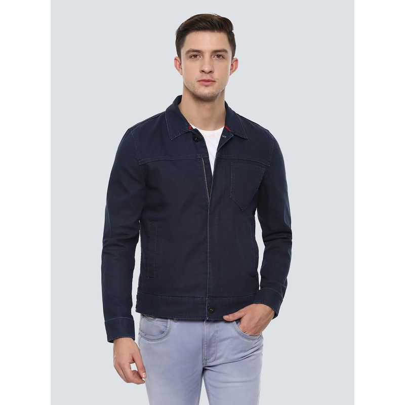 Louis Philippe Jeans Navy Blue Solid Casual Jacket (L)