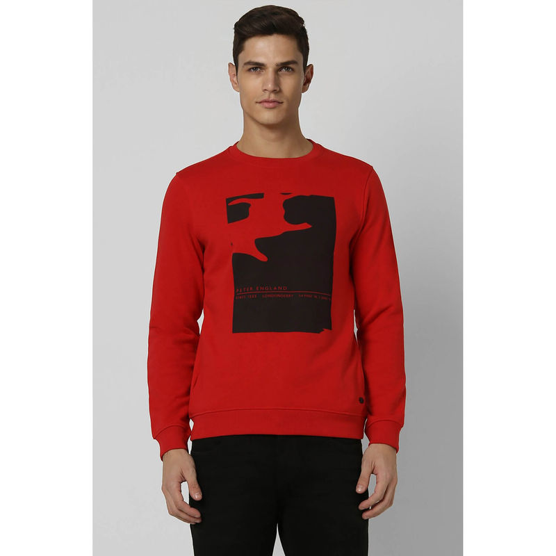 Peter England Men Red Printed Crew Neck Sweatshirt (L)