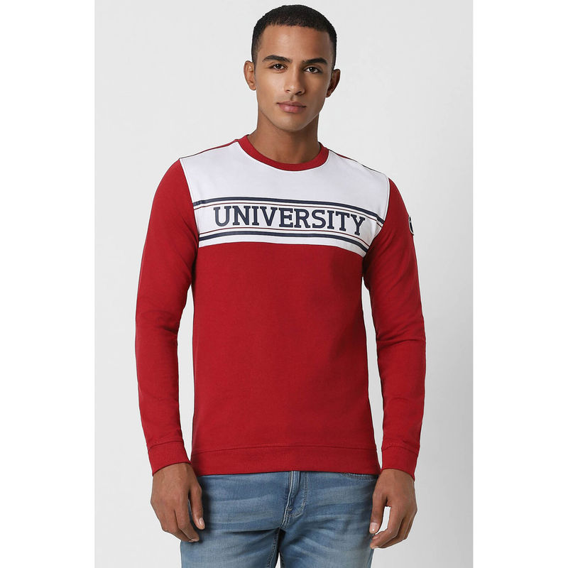 Peter England Men Red Typography Crew Neck Sweatshirt (S)