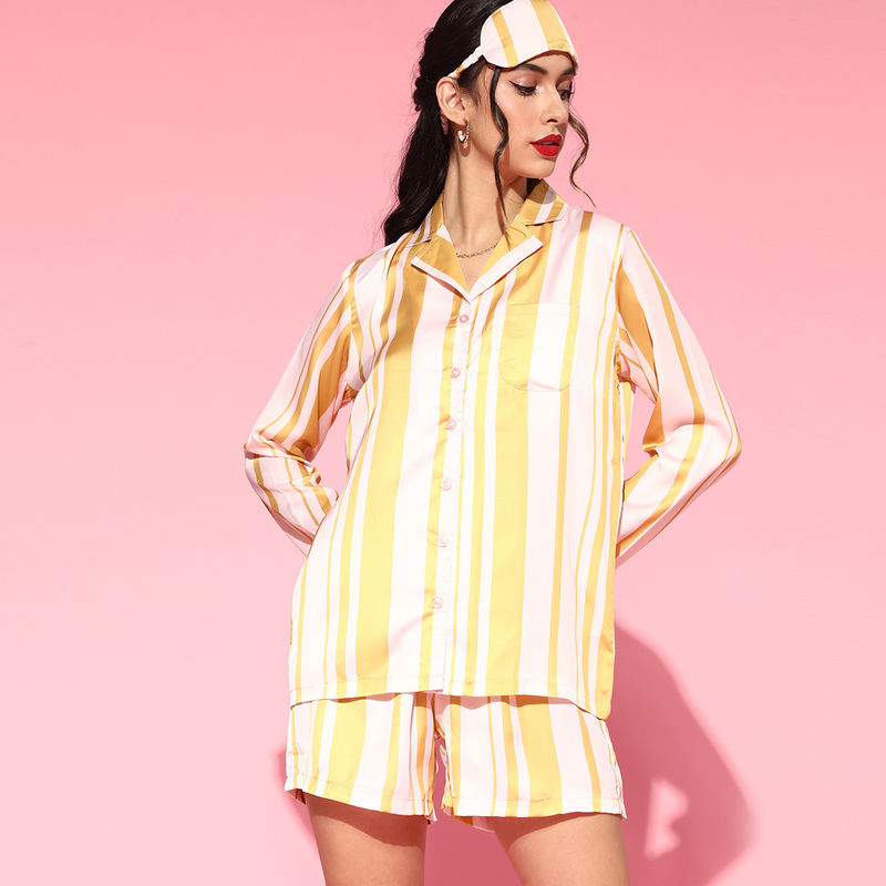 Drape In Vogue Women And Cream Strips Night Suit - Yellow (S)