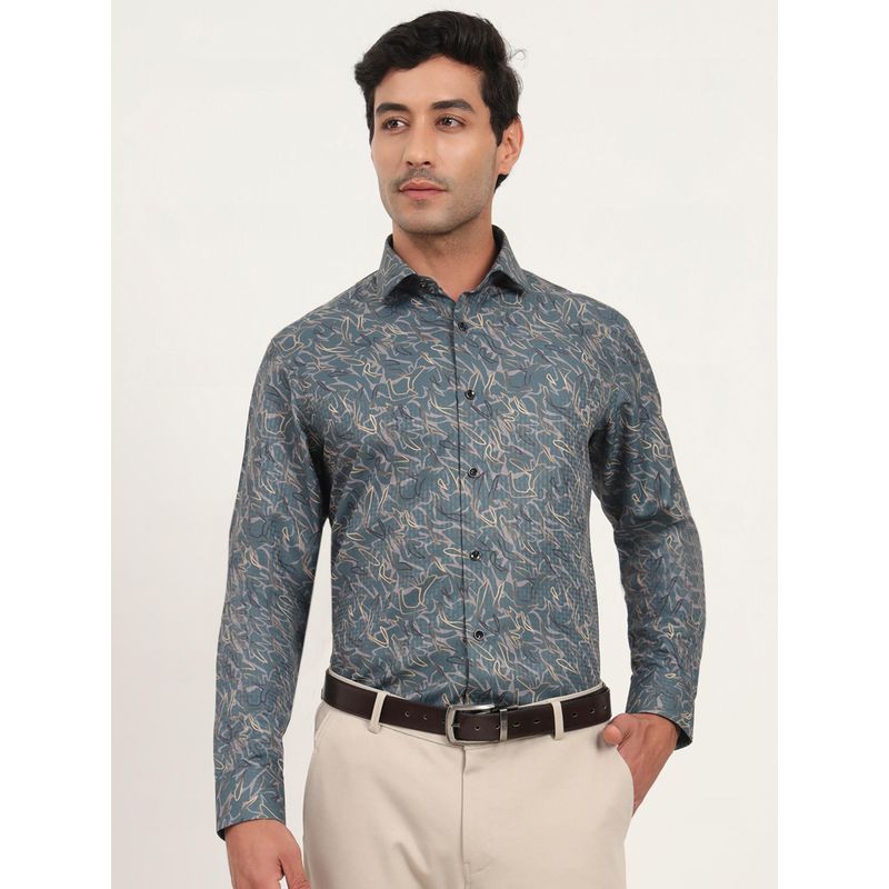 Greenfibre Slim Fit Green Cotton Blend Printed Party Wear Shirt (42)