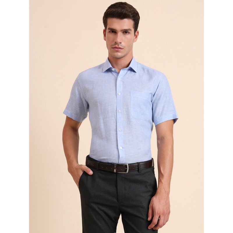JadeBlue Regular Fit Solid Blue Linen Formal Shirt (38)
