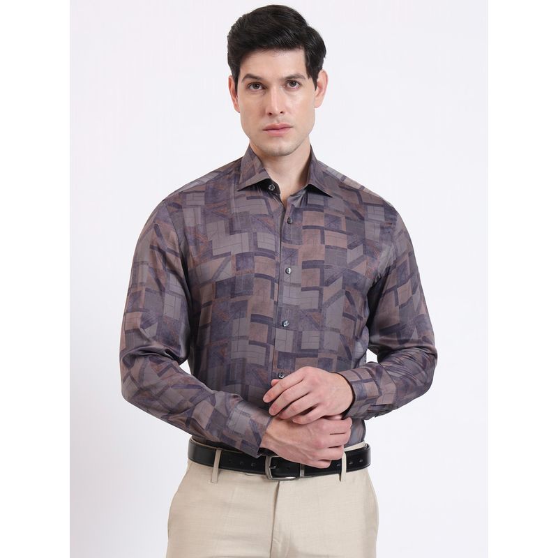 JadeBlue Slim Fit Brown Viscose Printed Party Wear Shirt (44)