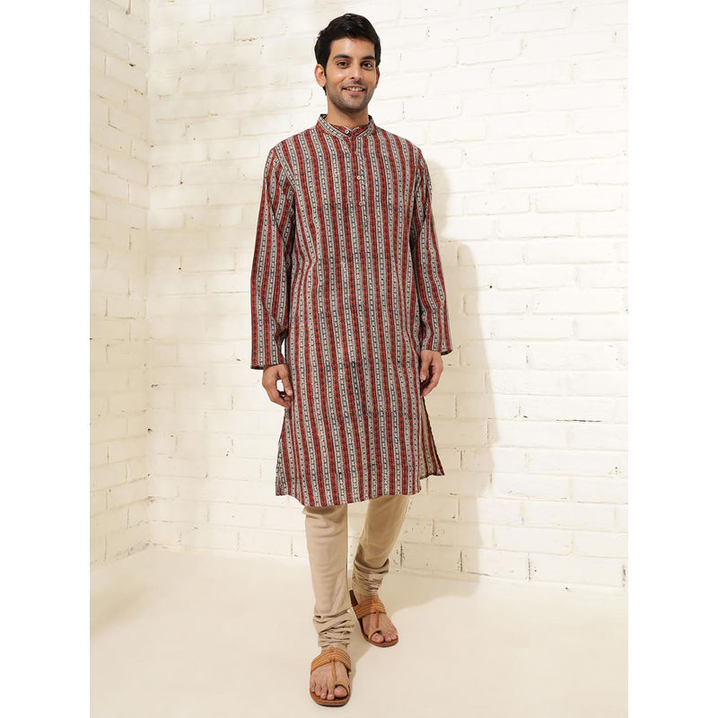 Fabindia Men Red Mandarin Collar Long Sleeves Kurta (XS)
