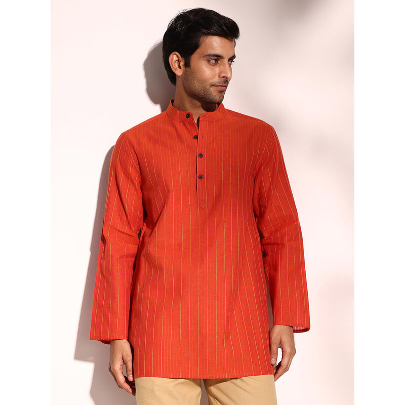 Fabindia Men Orange Mandarin Collar Long Sleeves Kurta (XS)