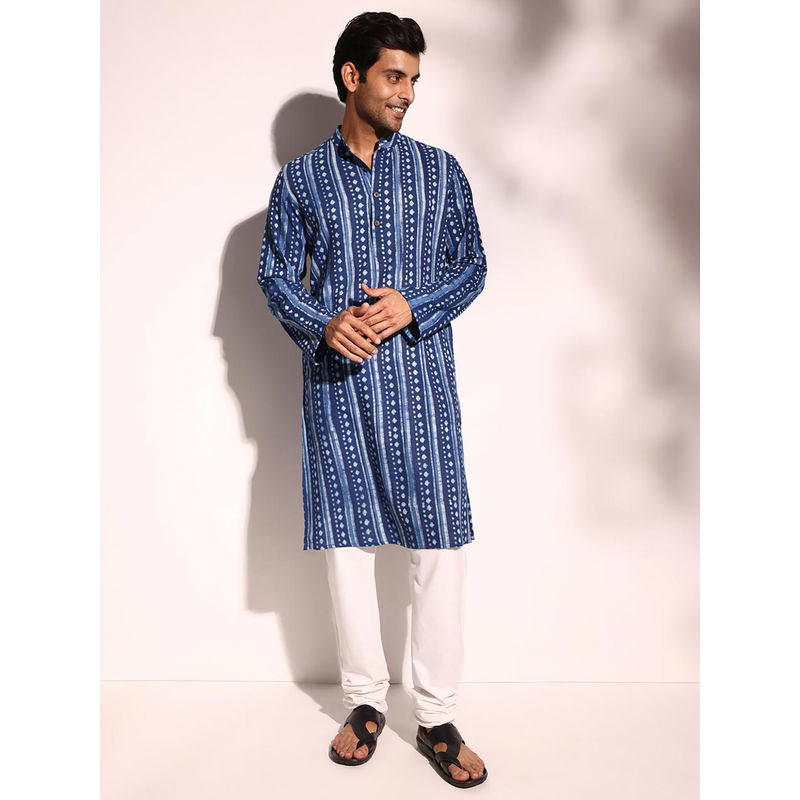 Fabindia Men Blue Mandarin Collar Long Sleeves Kurta (S)
