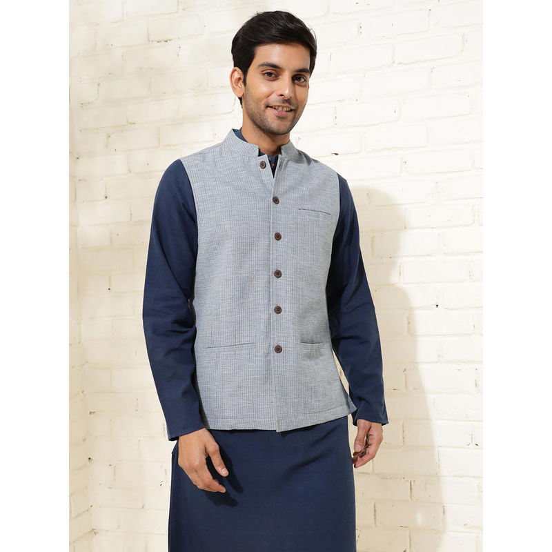 Fabindia Men Grey Striped Cotton Nehru Jacket (XS)