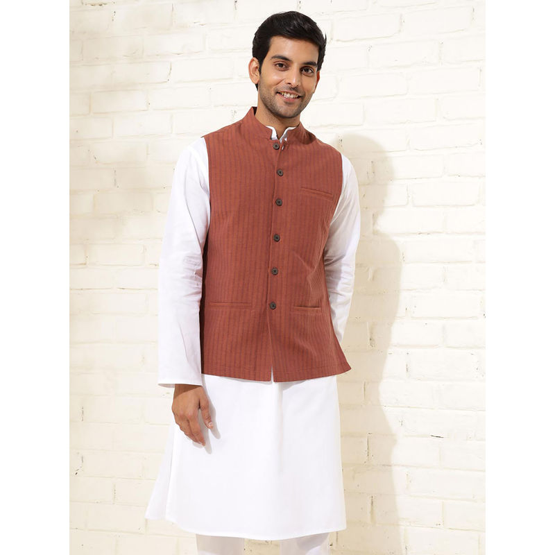 Fabindia Men Rust Printed Cotton Nehru Jacket (XS)