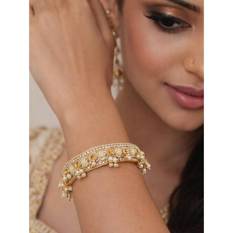 Accessher Stone Studded Gold Floral Pearl Bangles (2.6)