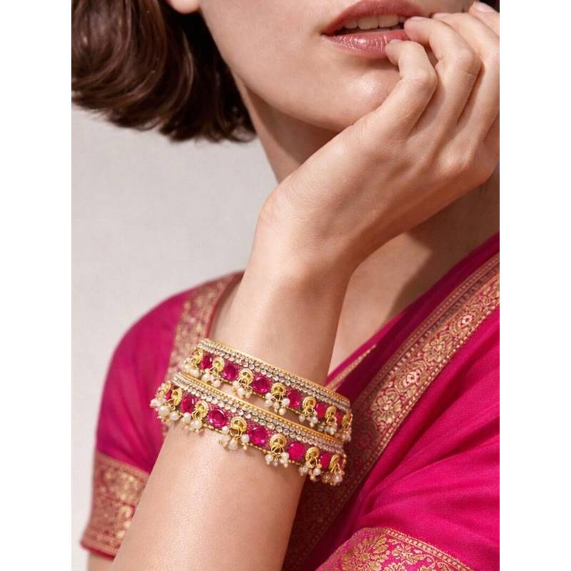 Accessher Stone Studded Gold Pink Floral Pearl Bangles (2.4)