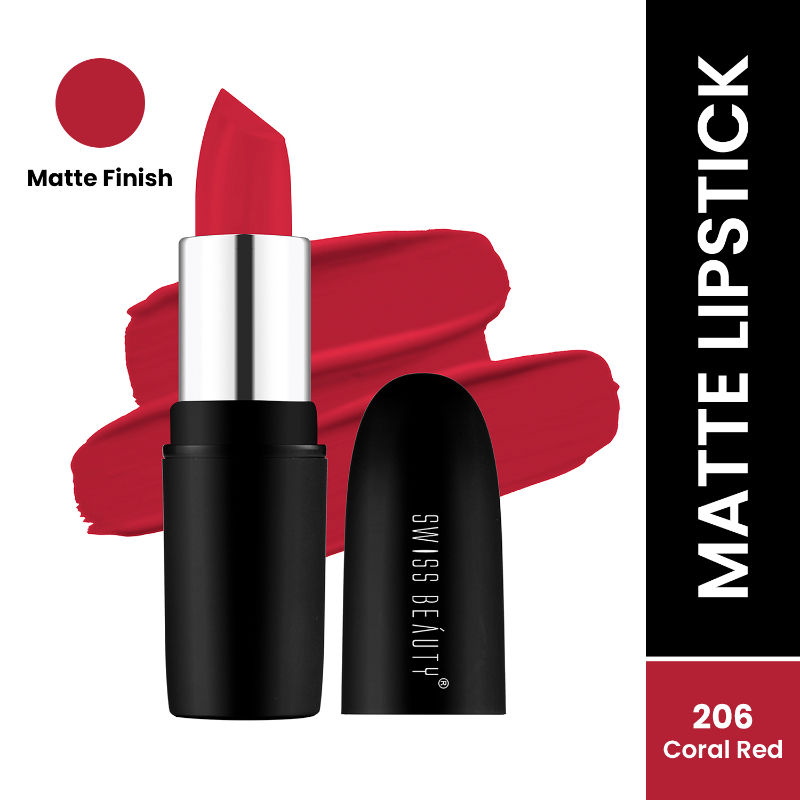 Swiss Beauty Pure Matte Lipstick , Non-Drying, Smooth Glide, Long Lasting - 206 Coral Red
