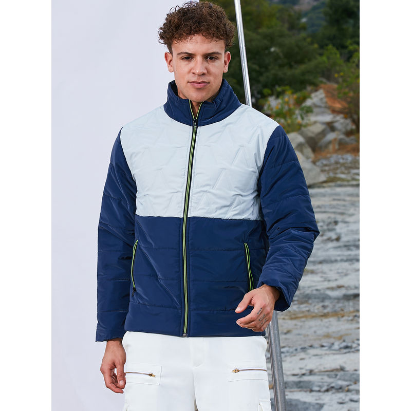 Campus Sutra Navy Blue and Moon Grey Parachute Puffer Jacket (XL)