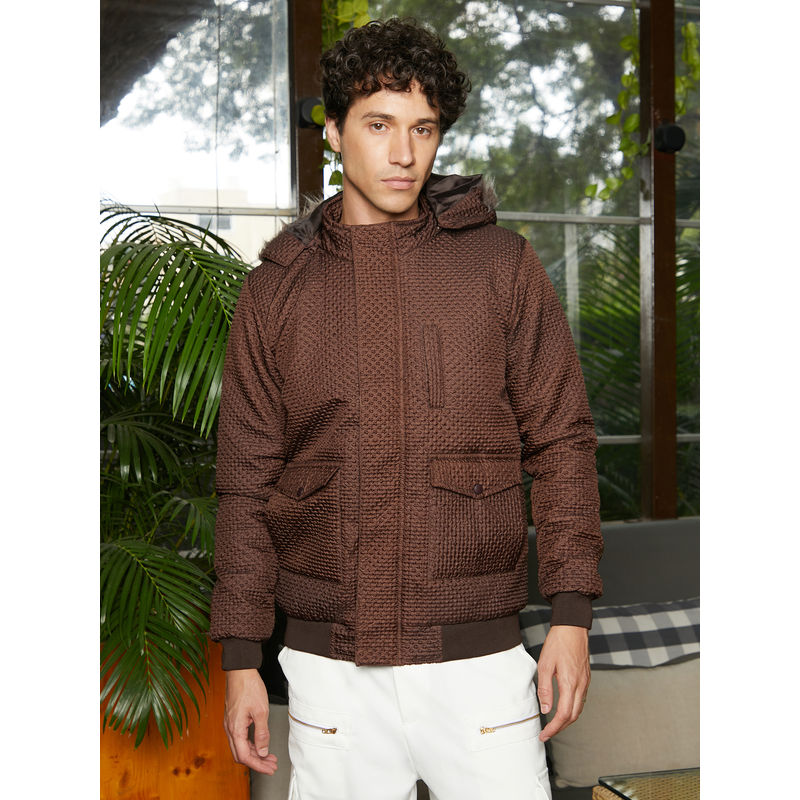 Campus Sutra Chocolate Brown Self-Design Diamond Puffer Jacket with Fleece Hood (S)