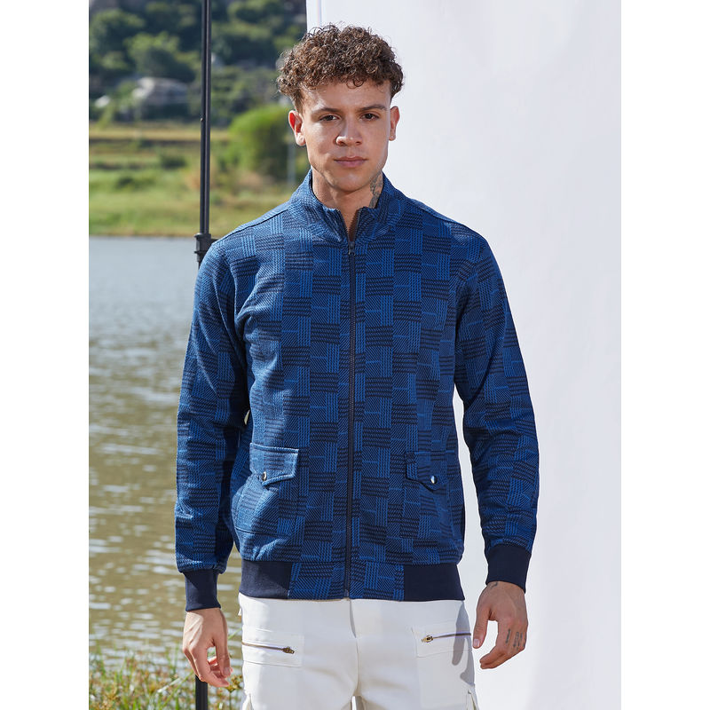 Campus Sutra Blue Textured Jacket with Flap Pocket (S)