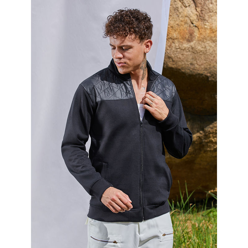 Campus Sutra Black Zip-Front Jacket with Quilted Detail (S)