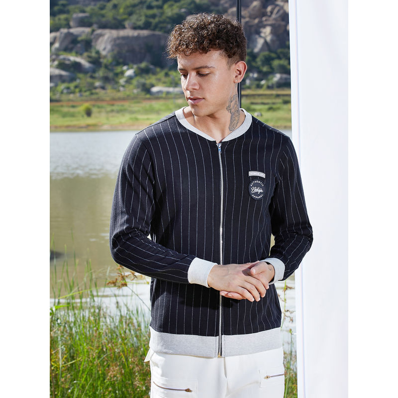 Campus Sutra Navy Blue Pinstriped Jacket with Contrast Hem (XL)