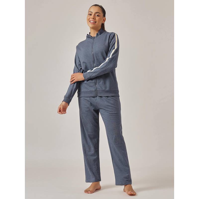 Clovia Women Terry Cotton Zippered Jacket And Pyjama Navy Blue (3XL)