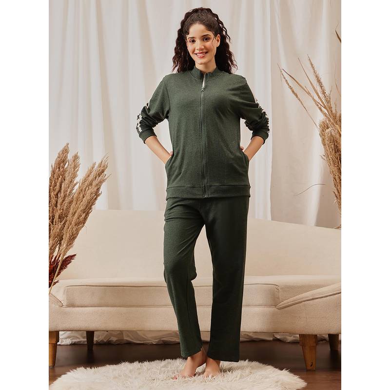 Clovia Women Terry Cotton Zippered Jacket And Pyjama Green (L)