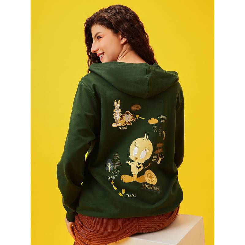 Clovia Women Terry Cotton Bugs Bunny, Taz And Tweety Sweatshirt With Hoodie (3XL)