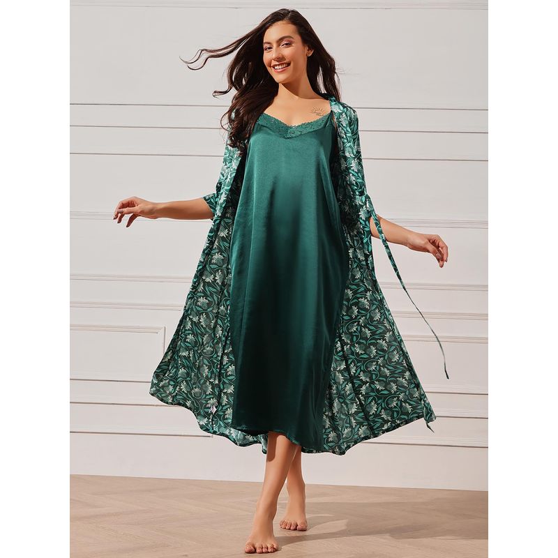 Clovia Women Satin Solid Long Nighty And Printed Robe (3XL)