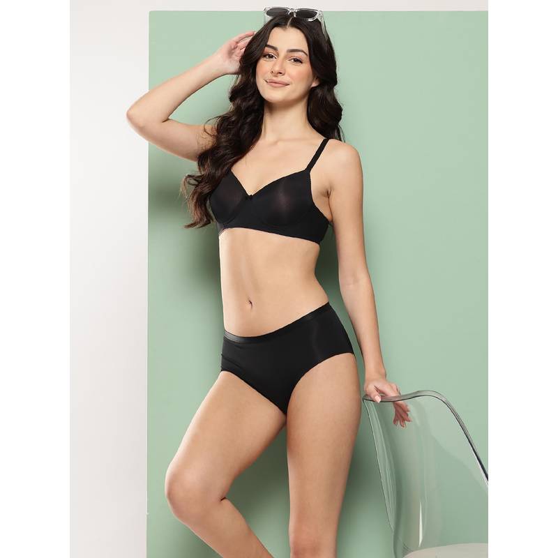 Leading Lady Womens Solid Lightly Padded Non Wired Bra With Panty Black (32B)