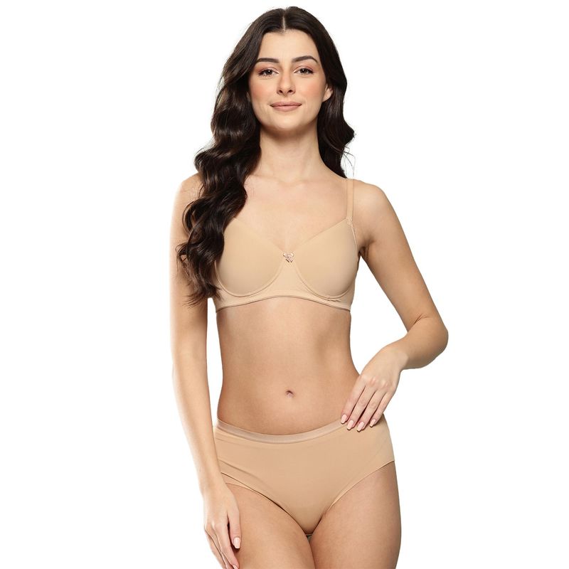 Leading Lady Womens Solid Lightly Padded Non Wired Bra With Panty Nude (32B)