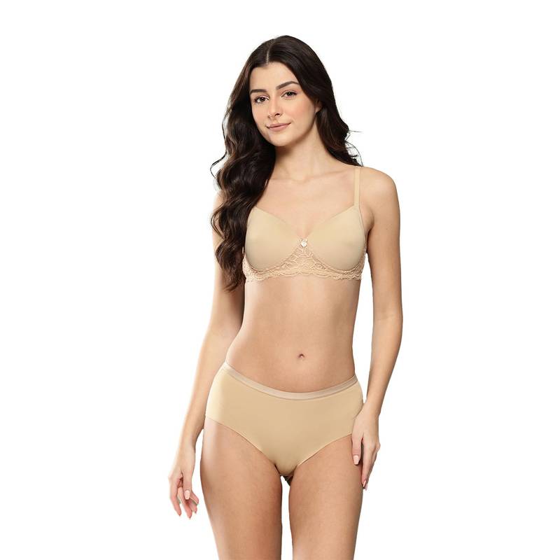 Leading Lady Womens Solid Lightly Padded Non Wired Bra With Panty Nude (32B)