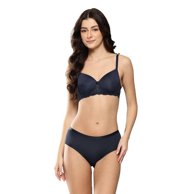 Leading Lady Womens Solid Lightly Padded Non Wired Bra With Panty Navy Blue (36C)