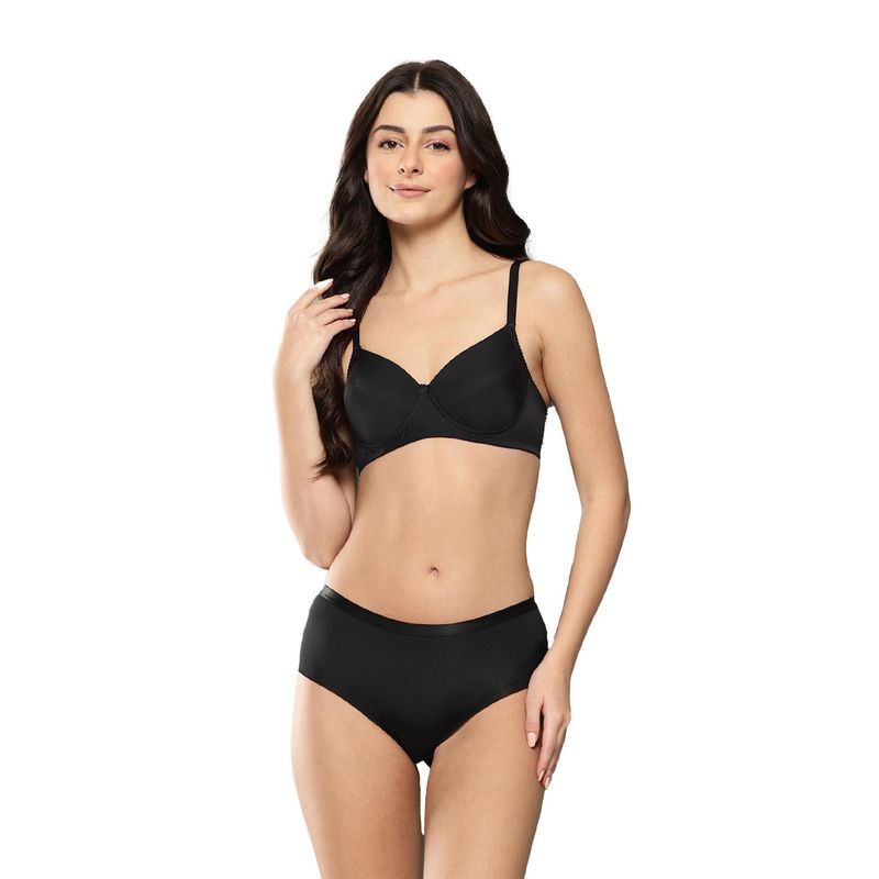 Leading Lady Womens Solid Lightly Padded Non Wired Bra With Panty Black (32B)