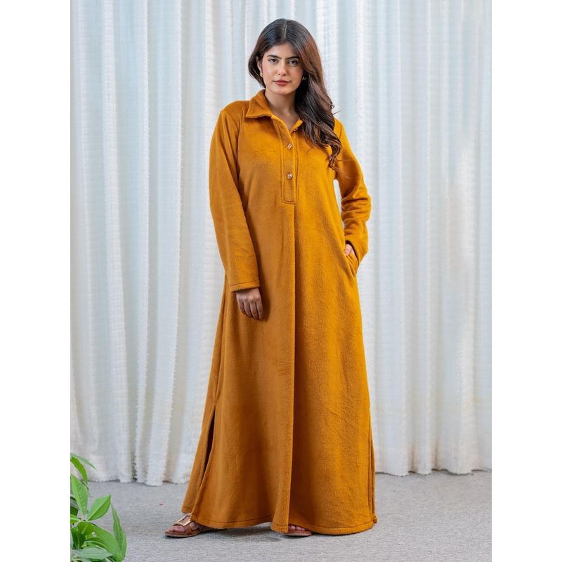 FEATHERS CLOSET Super Soft Mustard Collared Woollen Nightdress (S/M)