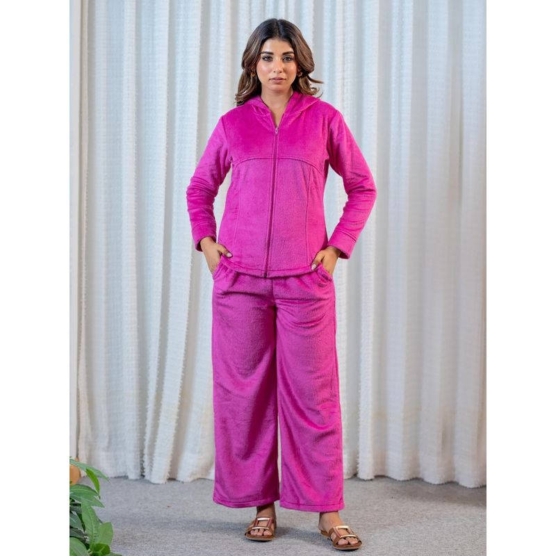 FEATHERS CLOSET Hot Pink Super Soft Woollen Zip-Up Hoodie Sweatshirt With Pyjama (S/M)