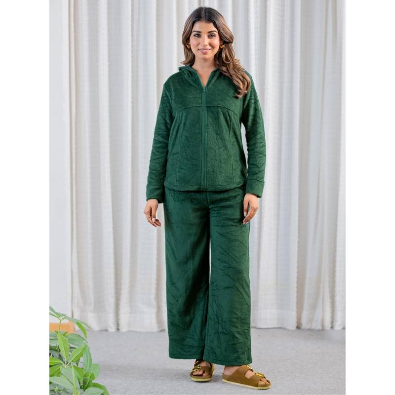 FEATHERS CLOSET Emerald Green Super Soft Woollen Zip-Up Hoodie Sweatshirt With Pyjama (S/M)