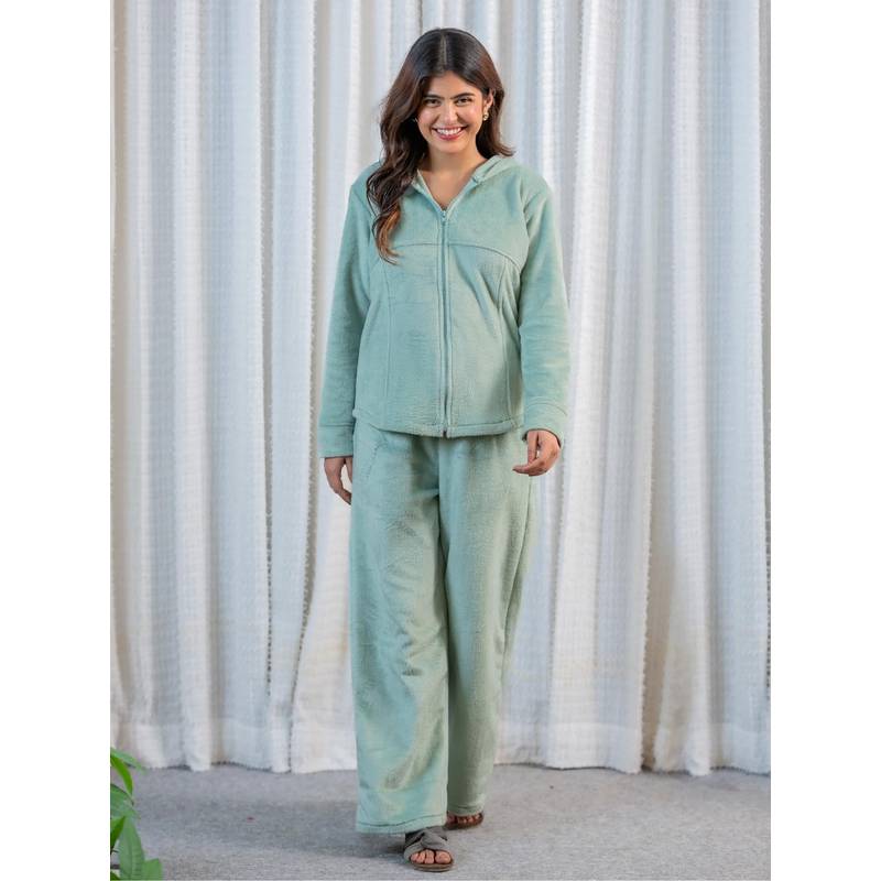 FEATHERS CLOSET Turquoise Super Soft Woollen Zip-Up Hoodie Sweatshirt With Pyjama (S/M)