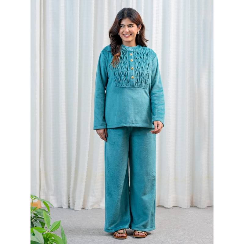 FEATHERS CLOSET Super Soft Sea Green Pintuck Short Kurti Woollen With Pyjama (S/M)