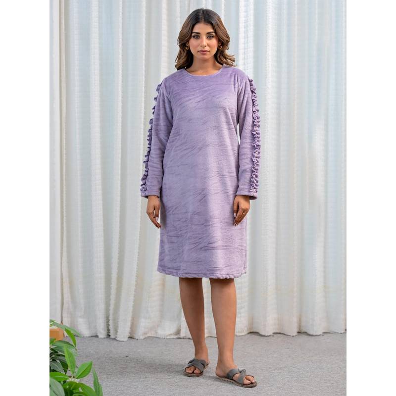 FEATHERS CLOSET Super Soft Lavender Woollen Ruffle Sleeve Dress (S/M)
