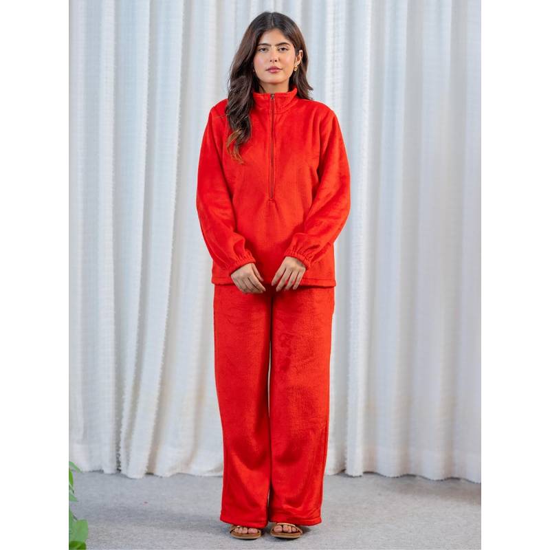 FEATHERS CLOSET Zip-Up Super Soft Red Woollen Sweatshirt With Pyjama (S/M)