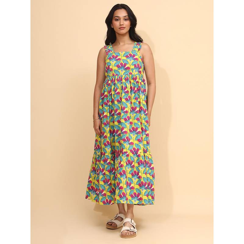 YELLOW BLOOM Floral Sleeveless Long Dress Featuring Bold Blooms (XS)