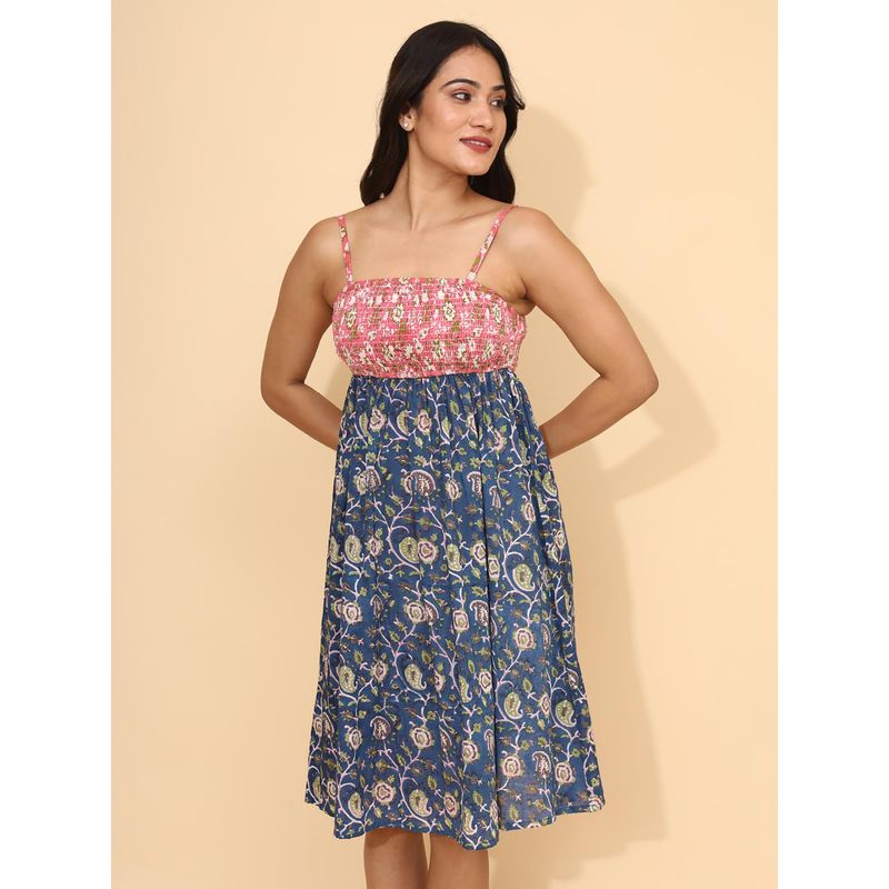 YELLOW BLOOM Blue And Pink Floral Printed Camisole Dress Petal Grove (XS)