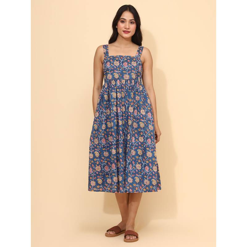 YELLOW BLOOM Blue And Pink Paisley Print 3/4Th Length Dress Paisley Spruce (XS)