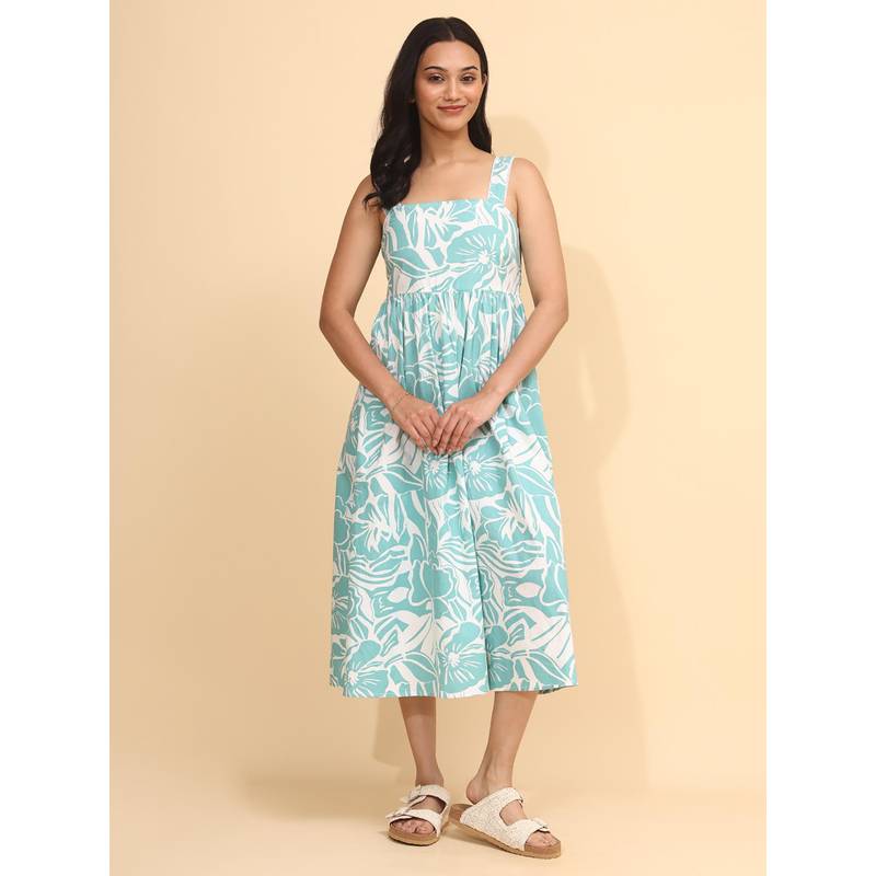 YELLOW BLOOM Monochrome Floral Sleeveless Long Dress Mist And Mint (XS)