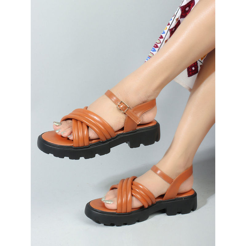 Iconics Tan Buckle Casual Women Sandals (EURO 37)